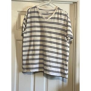 Merona Brand V Neck T Shirt Women's Size XL White with Navy Stripes